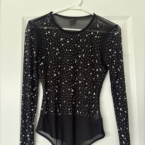 Black Sheer Long Sleeve Bodysuit with Star Pattern